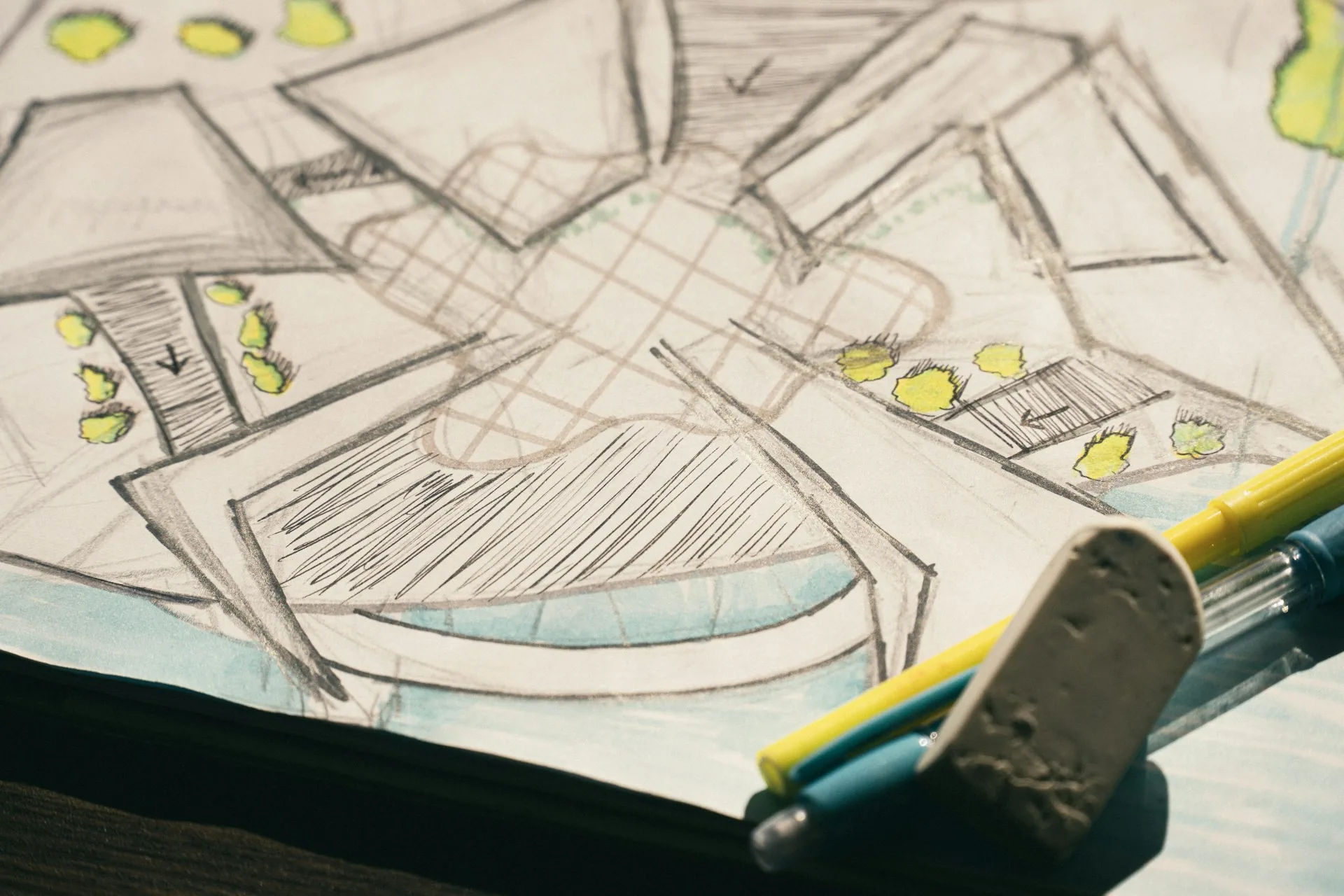 Hand-drawn site plan sketch with markers